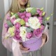 Прекрасная сборная коробка  Bloom room, пионовидная кустовая роза, эустома и эвкалипт