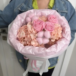 Розовый букет гортензия, роза хлопок Bloom room