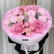 Малиновый букет  Bloom room, пион, пионовидная кустовая роза, хризантема, лагурус сухоцвет